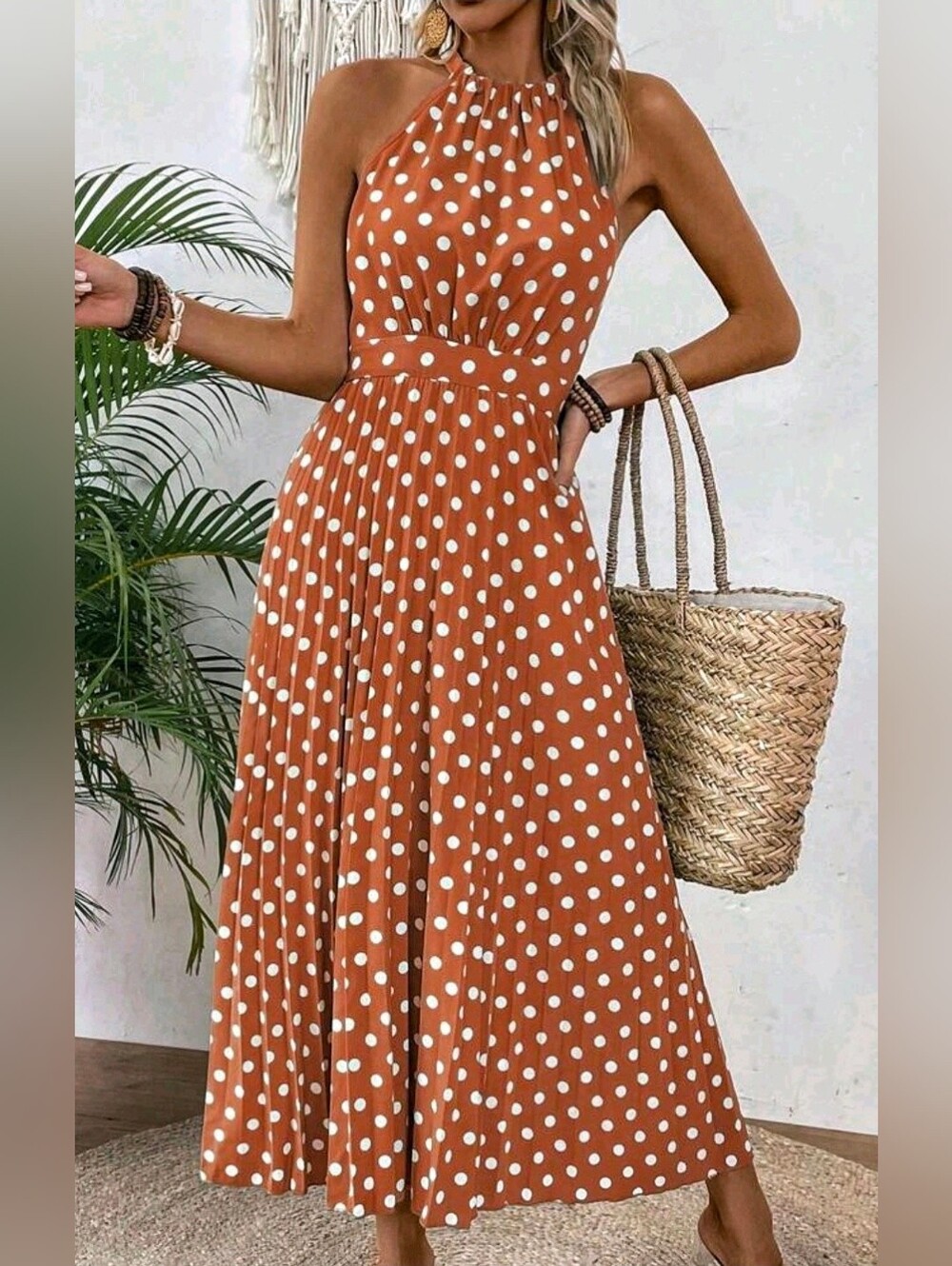 New Chic Strappy Halter Polka Dot Print Dress Pleated Sleeveless Brown White